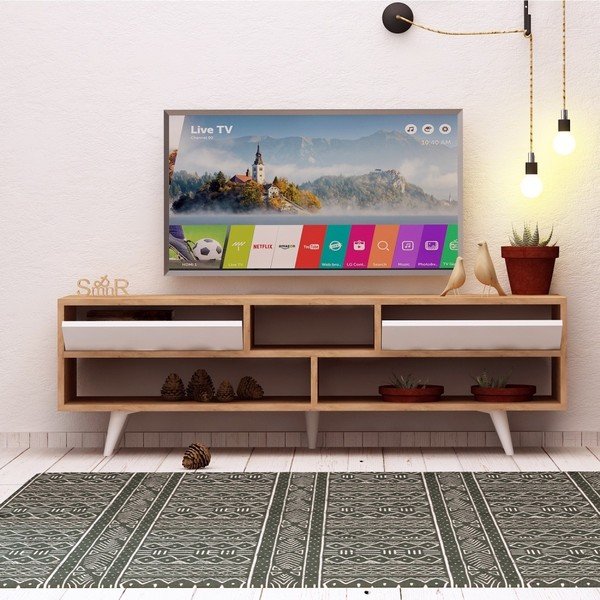Bijeli TV stol s detaljima u dekoru hrastovog drveta Garetto Glasgow-image-4