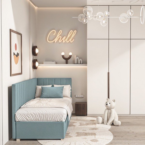 Plavi kutni dječji krevet s prostorom za pohranu s madracem 90x200 cm Snugi – Ghado-image-1