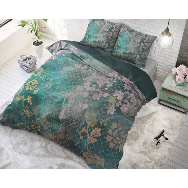 Zelena pamučna posteljina Pure Cotton Tiran Flower, 140 x 200 cm-image-1