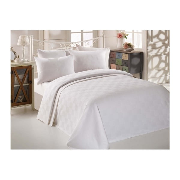 Komplet bijelih pamučnih prekrivača, plahti i 2 jastučnice za bračni krevet Turro Puro, 200 x 235 cm