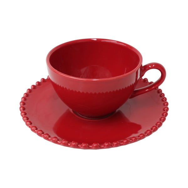 Rubin crvena zemljana šalica za čaj s tanjurićem Costa Nova Pearlrubi, 250 ml