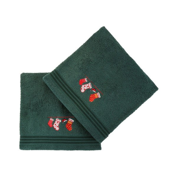 Set od 2 zelena božićna ručnika Čarape, 70 x 140 cm
