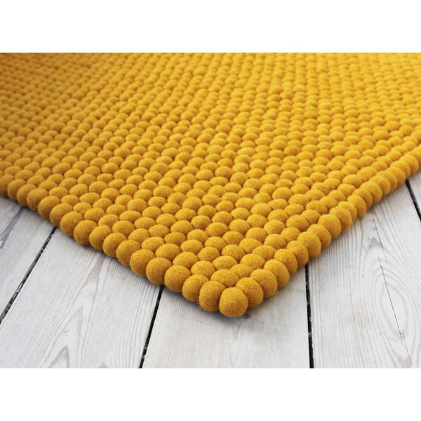 Oker žuti tepih od vunenih pompona Wooldot Ball Rugs, 100 x 150 cm