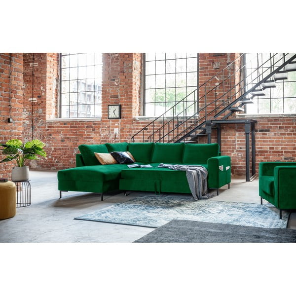Tamno zelena baršunasti sklopiva kutna garnitura (s lijevim kutom) Lofty Lilly – Miuform-image-4