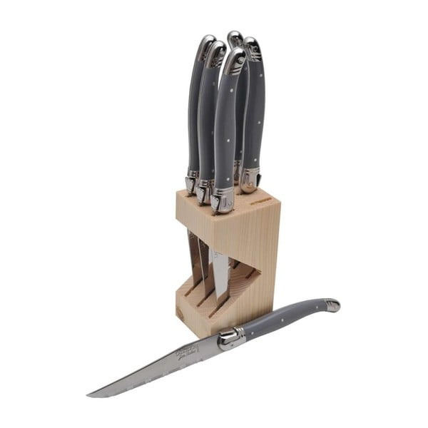 Set od 6 sivih noževa za odreske u drvenom bloku Jean Dubost