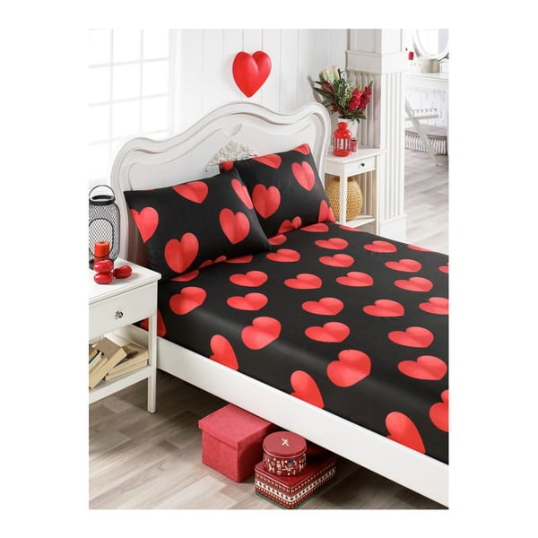 Set pamučnih crno-crvenih plahti i 2 jastučnice za krevet za jednu osobu Mulena Duro, 100 x 200 cm