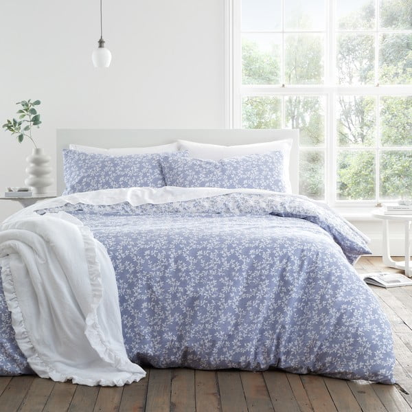 Bijela/plava pamučna posteljina za krevet za jednu osobu 135x200 cm Shadow Leaves – Bianca