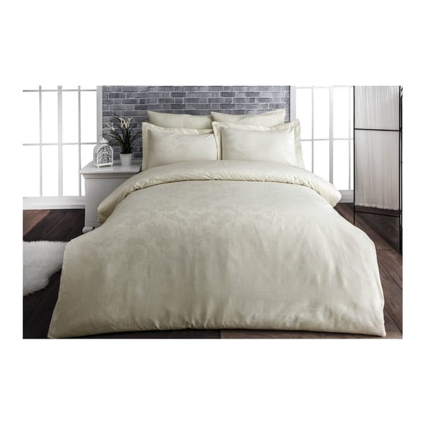 Kremaste pamučne satenske posteljine s bračnim krevetom Yaprak, 200 x 220 cm