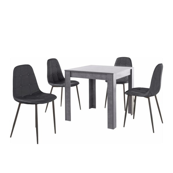 Set sivog blagovaonskog stola i 4 crne blagovaonske stolice Støraa Lori Lamar Duro