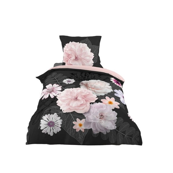 Crna/ružičasta pamučna posteljina za krevet za jednu osobu 140x200 cm Floral – douceur d'intérieur