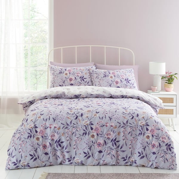 Bijela/ljubičasta posteljina za bračni krevet 200x200 cm Isadora Floral – Catherine Lansfield