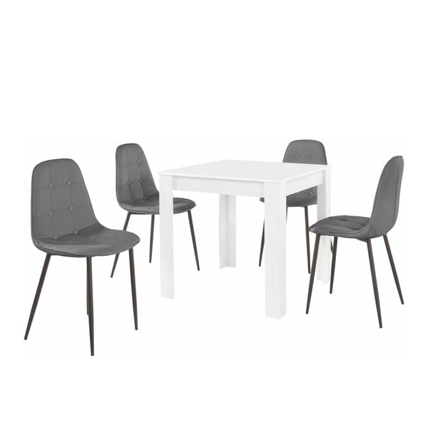 Bijeli set stolova za blagovanje i 4 sive stolice za blagovanje Støraa Lori Lamar Duro