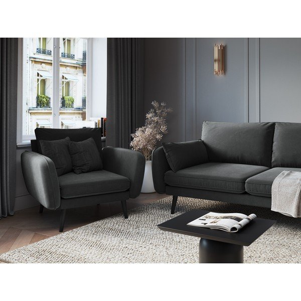 Tamnosiva baršunasta fotelja s crnim nogama Kooko Home Lento-image-1