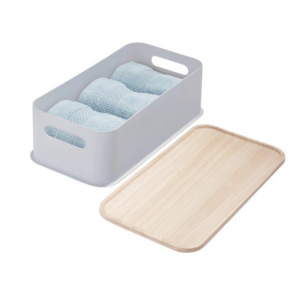 Siva kutija za pohranu s drvenim poklopcem paulovnija iDesign Eco Handled, 21,3 x 43 cm-image-4