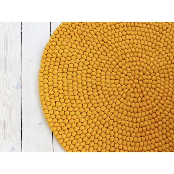 Oker žuti tepih od vunenih pompona Wooldot Ball Rugs, ⌀ 90 cm