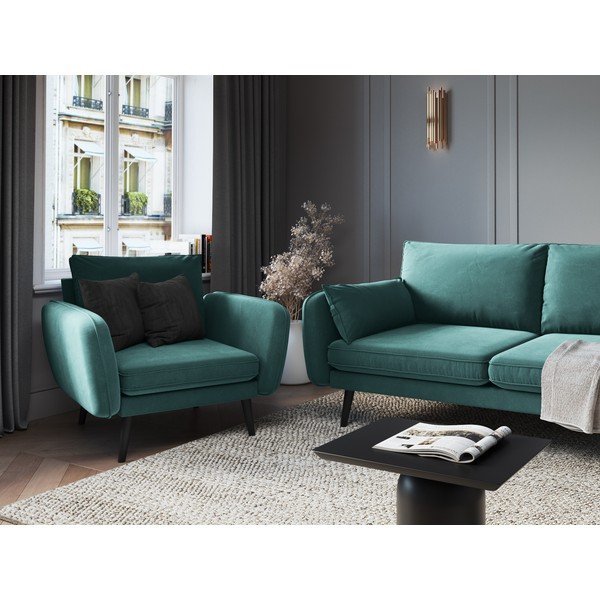 Petrolej plava baršunasta fotelja s crnim nogama Kooko Home Lento-image-1