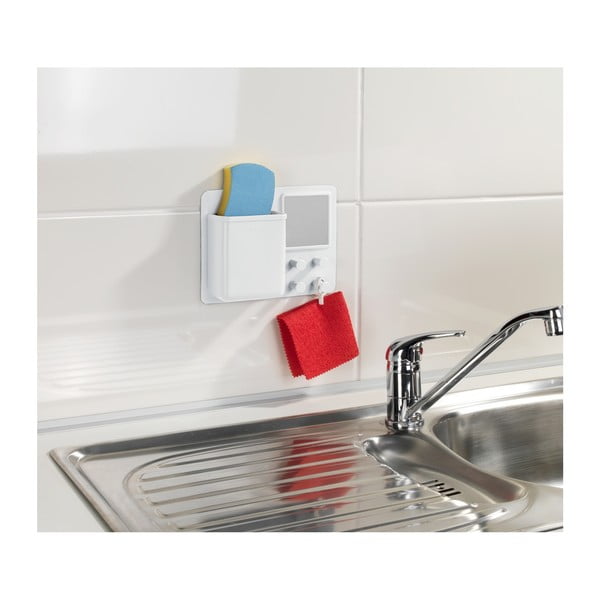 Bijeli silikonski zidni organizator s kukicama i ogledalom Wenko Ampio-image-1