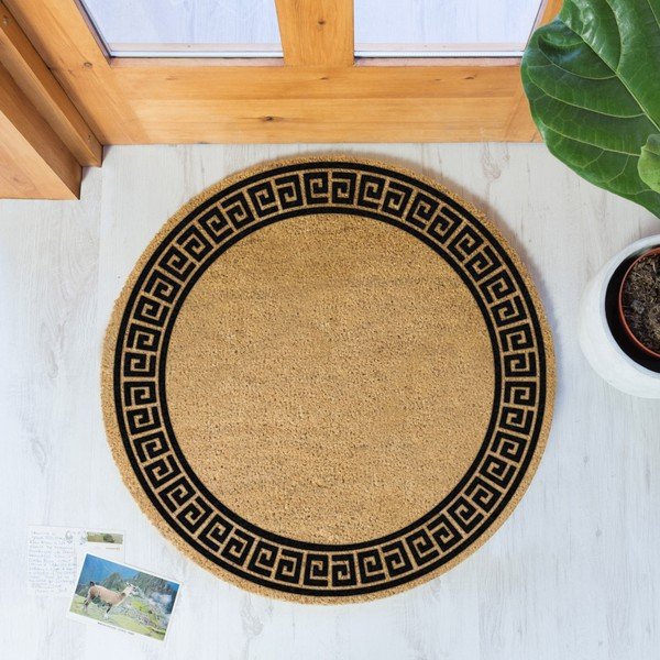 Crni okrugli otirač od prirodnih kokosovih vlakana Artsy Doormats Greek Border, ⌀ 70 cm-image-1