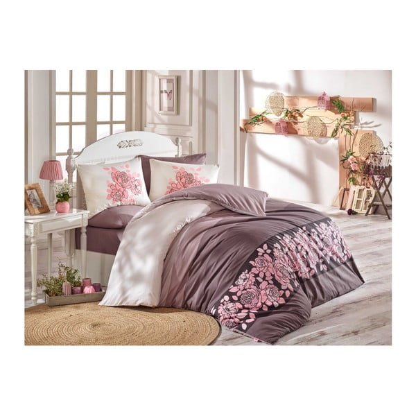 Pamučna posteljina s plahtama za bračni krevet Martina Bež, 200 x 220 cm