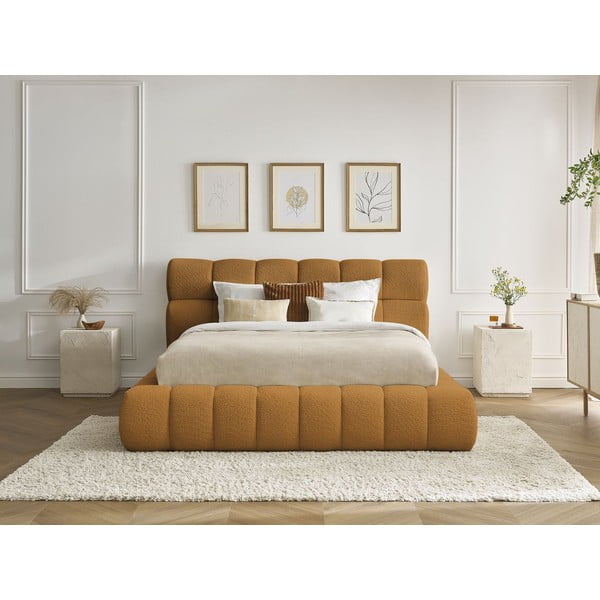 Senf žuti tapecirani bračni krevet s prostorom za odlaganje s podnicom 160x200 cm Mont Blanc – Bobochic Paris-image-1