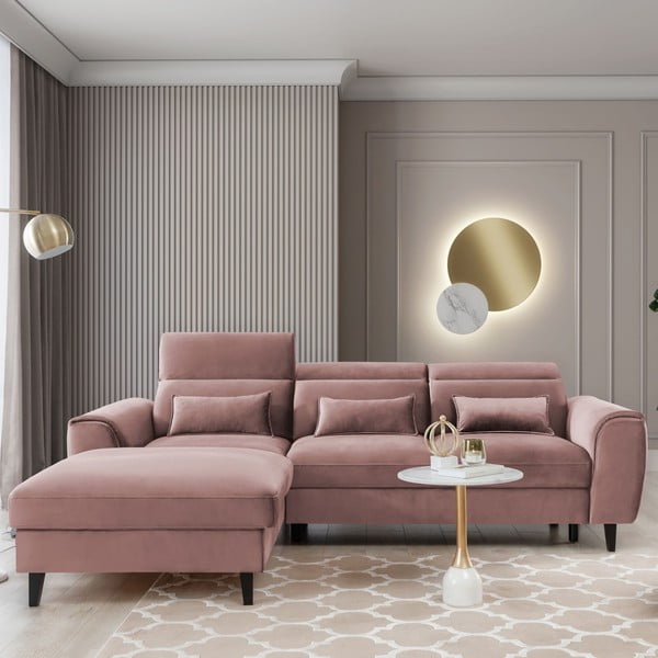 Ružičasta baršunasti sklopiva/s prostorom za odlaganje kutna garnitura (s lijevim kutom/s ležaljkom) Foble – ELTAP-image-1