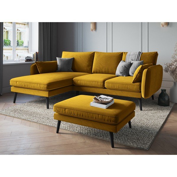 Žuti baršunasti tabure s crnim nogama Kooko Home Lento-image-1