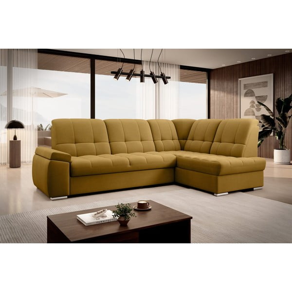 Žuta  baršunasti sklopiva/s prostorom za odlaganje kutna garnitura (s desnim kutom/u obliku slova L) Sado – ELTAP-image-4