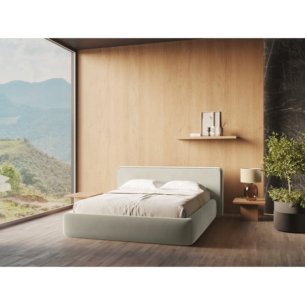 Krem tapecirani bračni krevet s prostorom za odlaganje s podnicom 180x200 cm Kiana – Makamii-image-1