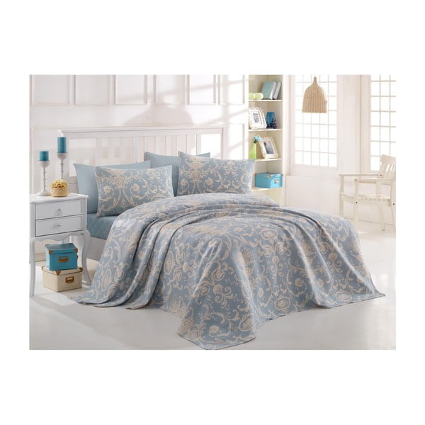 Plavi svijetli pamučni prekrivač preko kreveta za jednu osobu Nice, 140 x 200 cm
