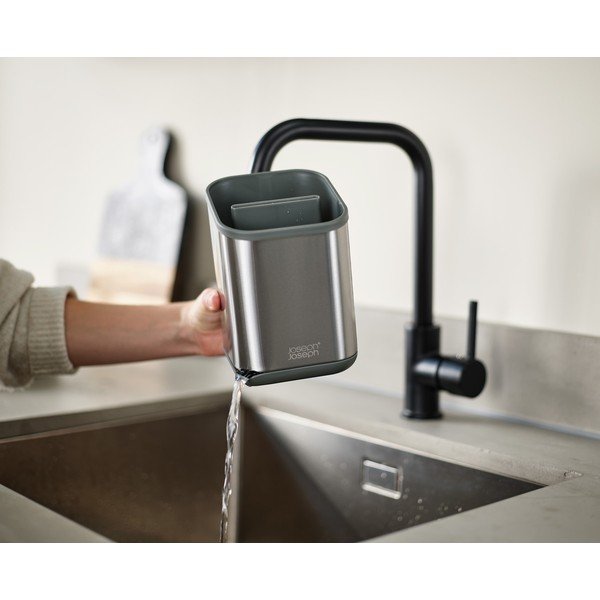 Ocjeđivač za posuđe od nehrđajućeg čelika za pribor u sjajno srebrnoj boji 11x11,5 cm Duo Steel – Joseph Joseph-image-3