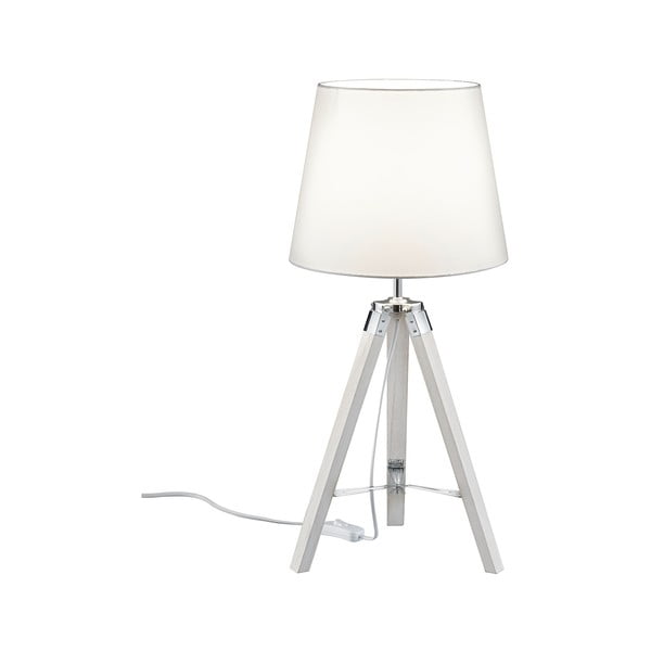 Bijela stolna svjetiljka od prirodnog drva i tkanine Trio Tripod, visina 57,5 cm