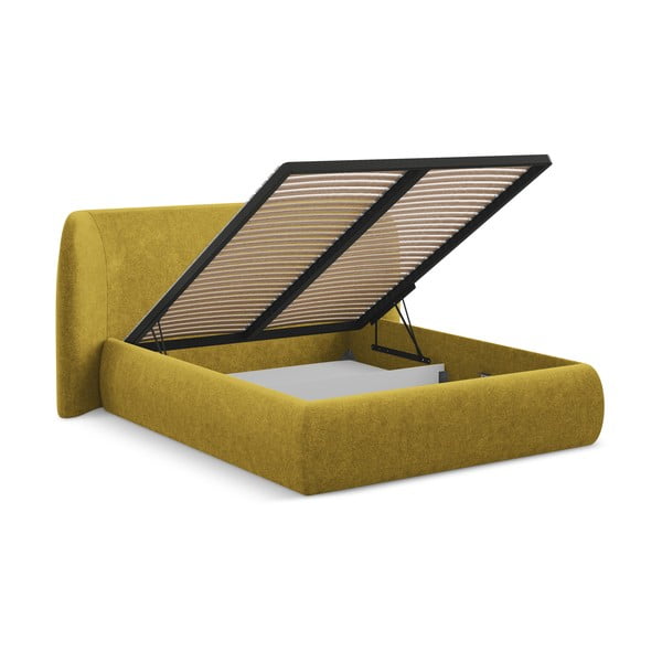 Senf žuti tapecirani bračni krevet s prostorom za odlaganje s podnicom 180x200 cm Hauke – Makamii-image-2
