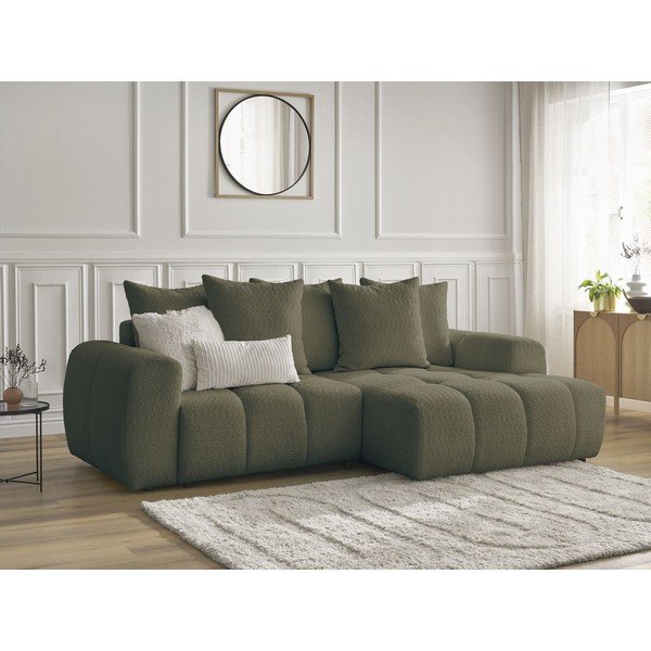 Kaki zelena sklopiva/s prostorom za odlaganje kutna garnitura od bouclé tkanine (s desnim kutom/s ležaljkom) Roxelane – Bobochic Paris-image-4