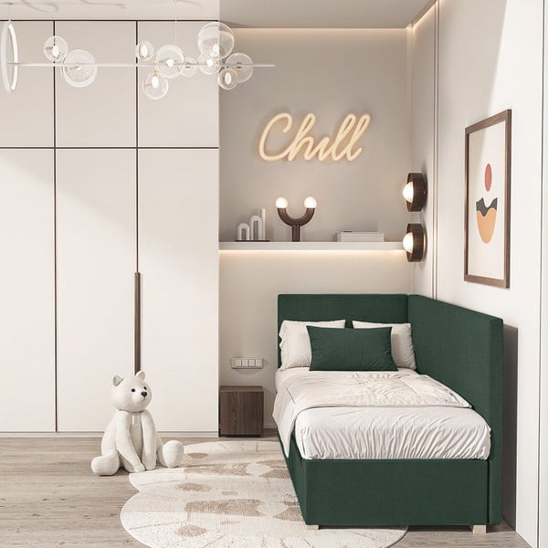 Tamno zeleni kutni dječji krevet s prostorom za pohranu s madracem 90x200 cm Flexi – Ghado-image-1