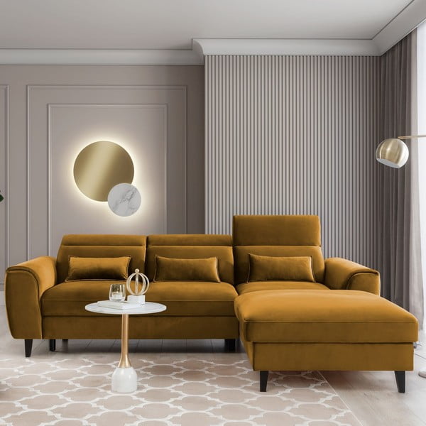 Žuta  baršunasti sklopiva/s prostorom za odlaganje kutna garnitura (s desnim kutom/s ležaljkom) Foble – ELTAP-image-1