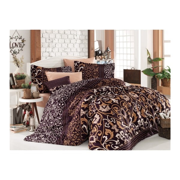 Pamučna satenska posteljina s plahtama za bračni krevet Valentino Crema, 200 x 220 cm
