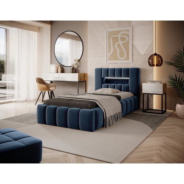 Tamno plavi tapecirani krevet s prostorom za odlaganje s podnicom 90x200 cm Lamica – ELTAP-image-1