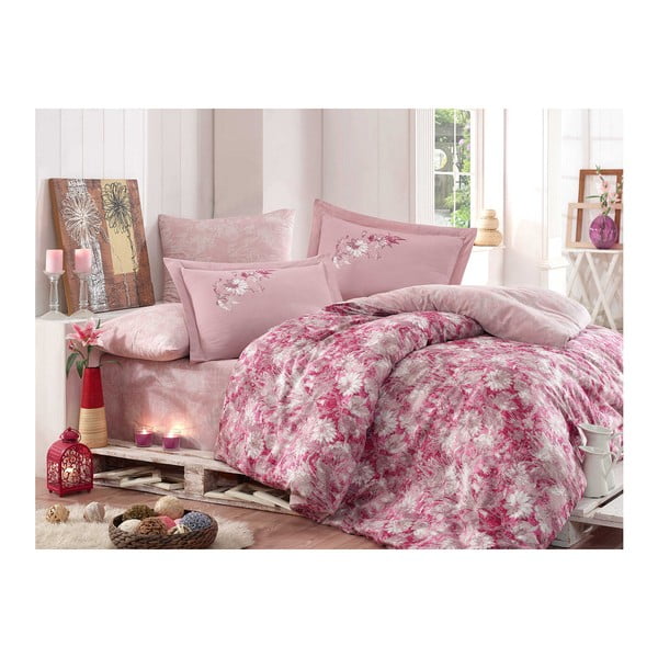 Posteljina od pamučnog satena s plahtom za bračni krevet Romina Pink, 200 x 220 cm