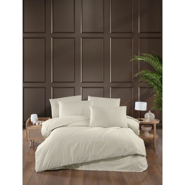 Krem posteljina za bračni krevet/za produženi krevet od damasta s uključenom plahtom/4-dijelna 200x220 cm – Mila Home