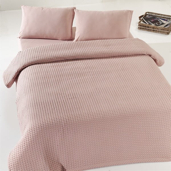 Bež i ružičasti lagani pamučni prekrivač za krevet Dusty Rose Pique, 190 x 225 cm
