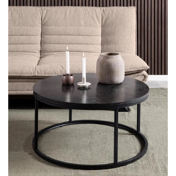 Crni okrugao stolić za kavu s pločom stola u mramornom dekoru ø 80 cm Spiro – Actona-image-1