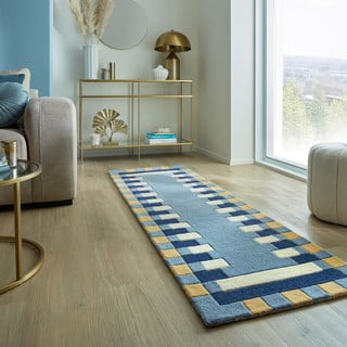 Plava ručno rađena vunena staza 60x230 cm Kai Wool Border – Flair Rugs