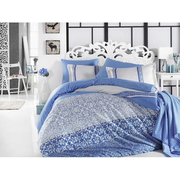 Plava posteljina sa posteljinom od pamučnog pamuka Laura, 200 x 220 cm