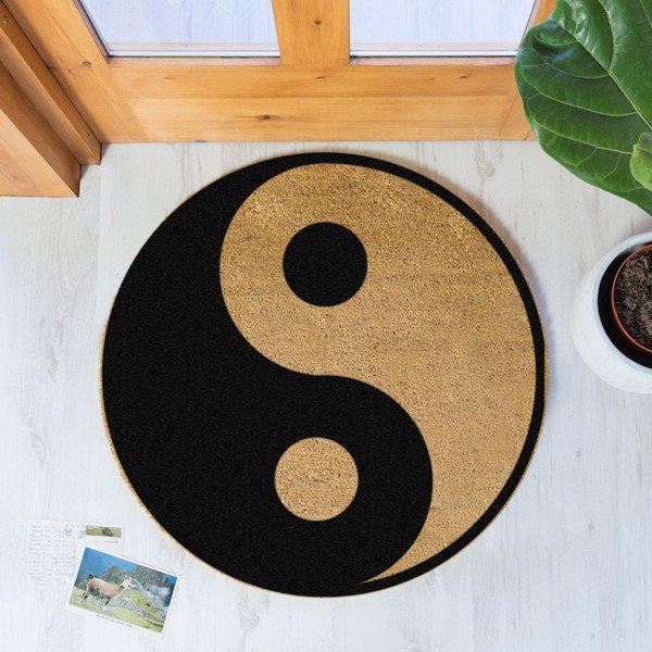 Crna okrugla prostirka od prirodnog kokosovog vlakna Artsy Doormats Yin Yang, ⌀ 70 cm-image-1
