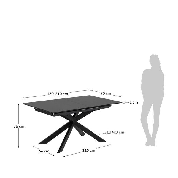Crni proširiv blagovaonski stol sa staklenom pločom stola 90x210 cm Atminda – Kave Home-image-4
