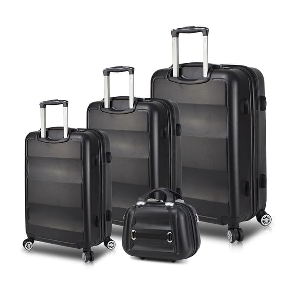 Set od 3 crne putne torbice na kotačima s USB priključcima i My Valice aktovka LASSO Travel Set