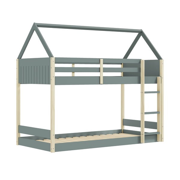 Dječji krevet u obliku kućice/na kat s podnicom 90x190 cm u prirodnoj boji/prljavo zeleni Valka – Marckeric