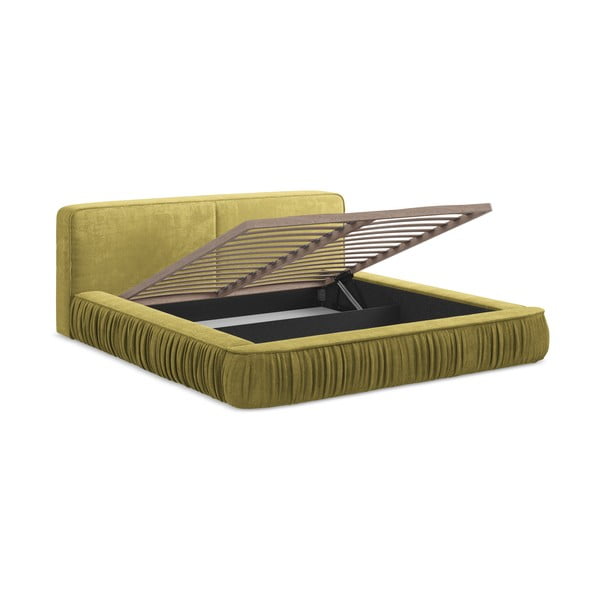 Žuti tapecirani bračni krevet s prostorom za odlaganje s okvirom od letvica 180x200 cm Keoni - Makamii-image-4