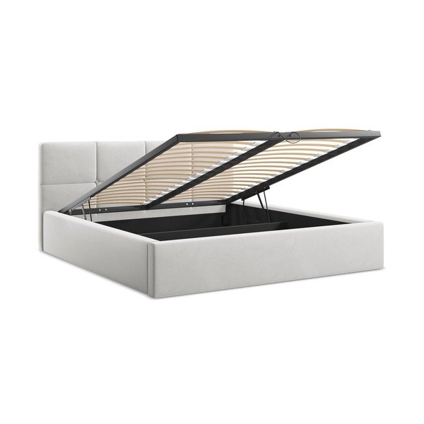 Svijetlo sivi baršunasti tapecirani bračni krevet s prostorom za odlaganje s podnicom 140x200 cm Hiko – Makamii-image-2