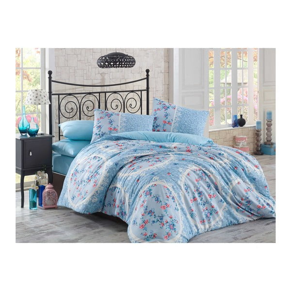 Plava pamučna posteljina s plahtama za krevet za jednu osobu Floreada, 160 x 220 cm
